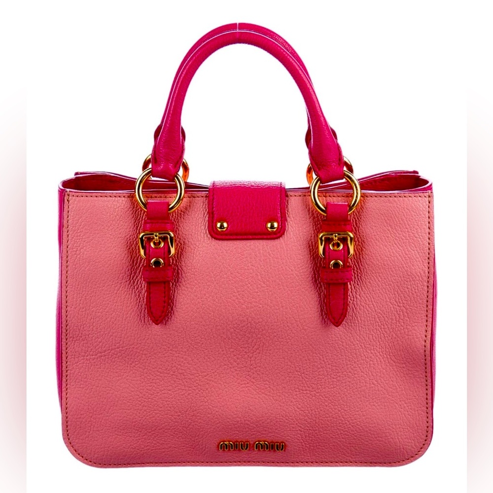 Miu Miu Two Tone Pink Madras Leather Tote - Picture 2 of 4
